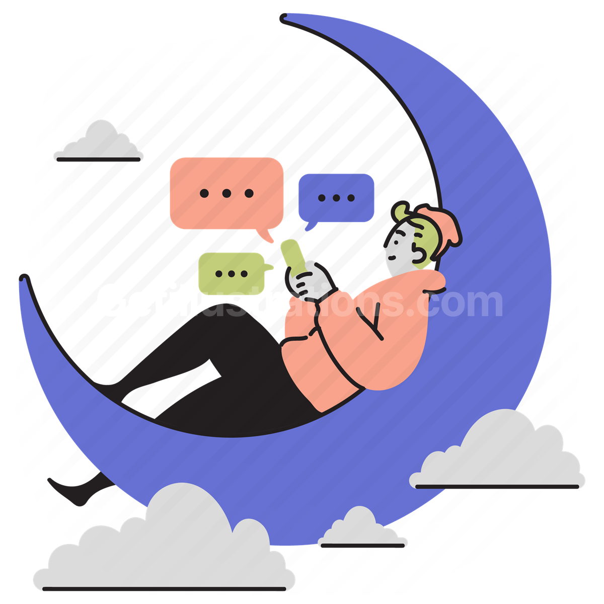 messaging, message, night, moon, man, chat, talk, late night, clouds